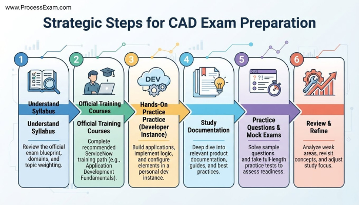 An infographic outlining a strategic, step-by-step preparation plan for the ServiceNow CAD exam, covering syllabus review, training, practice, and mock exams.
