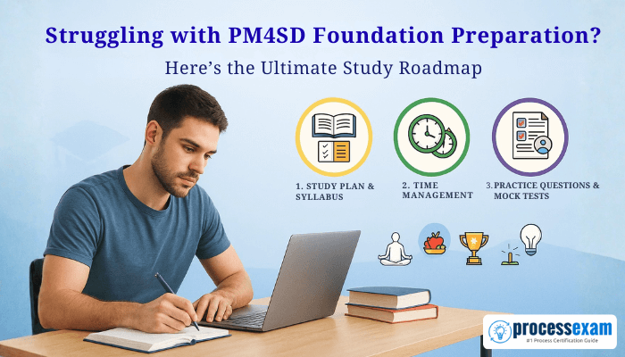 A young man studies at a desk with a laptop and books while a banner highlights PM4SD Foundation preparation strategies, including study planning, time management, and practice tests.