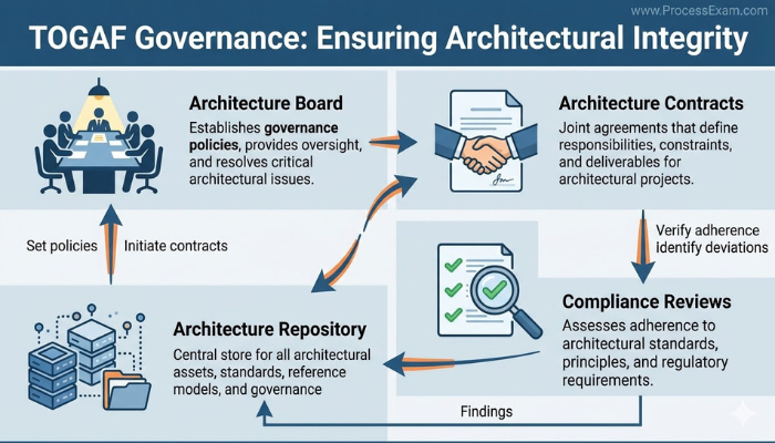 Infographic explaining TOGAF governance, detailing components like the Architecture Board, contracts, compliance reviews, and repository for ensuring architectural integrity.