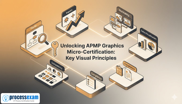 An isometric 3D illustration shows interconnected blocks representing core visual principles for the APMP GR-M APMP certification, with a key unlocking the knowledge.
