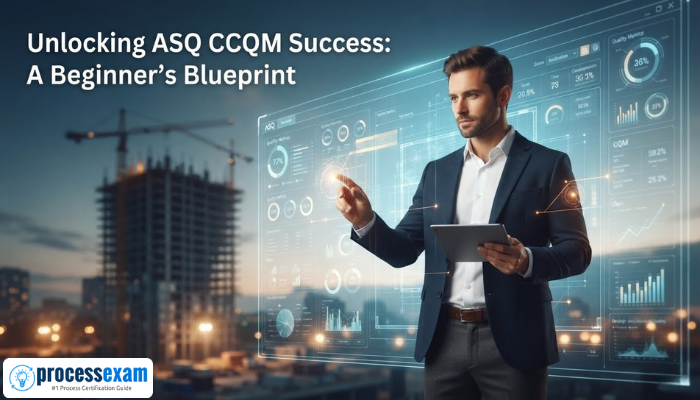 A male construction quality manager reviews a digital blueprint with quality overlays, symbolizing strategic planning for ASQ CCQM success. The image highlights a thoughtful approach to construction quality.