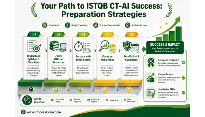 Infographic outlining the strategic preparation steps for the ISTQB CT-AI exam, including syllabus understanding, practice, and ethical study, leading to career growth.