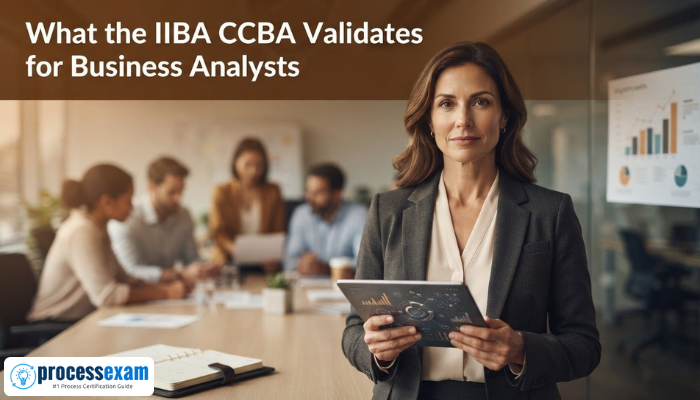 An adult woman business analyst confidently reviewing data on a tablet in a modern office, representing the core capabilities validated by the IIBA CCBA certification.