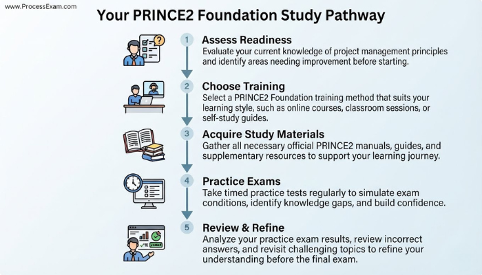 Infographic outlining a step-by-step study pathway for PRINCE2 Foundation certification, detailing stages from assessing readiness to final review and refinement.