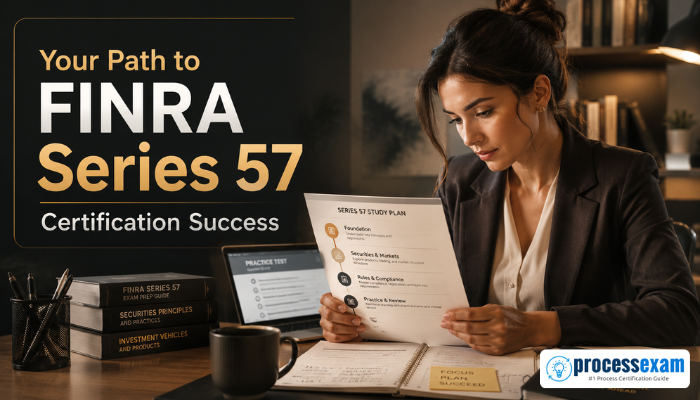 An adult woman, thoughtfully reviewing a study guide and a laptop, embodies strategic preparation for the challenging FINRA Series 57 certification exam.