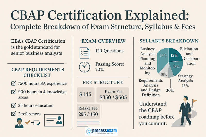Infographic explaining the CBAP certification with details on eligibility requirements, exam structure, syllabus breakdown, and fees for aspiring senior business analysts.